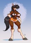  anthro biceps black_hair blue_eyes breasts cleavage clothed clothing clydesdale eltonpot equine evelyn_rider female hair hand_on_hip hi_res hooves horse long_hair looking_at_viewer mammal mare midriff miniskirt muscles muscular_female navel pose skimpy skirt solo standing suspenders tail 