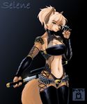  belt bikini blonde_hair bracer canine cleavage dossun female green_eyes hair kunoichi leather ninja selene shoulder_pads shuriken skimpy solo sword unconvincing_armour weapon 