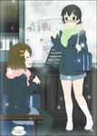  bag black_hair brown_hair closed_eyes glasses hair_ornament hairclip hirasawa_yui k-on! manabe_nodoka mizuki_makoto multiple_girls pantyhose red-framed_eyewear salute scarf school_uniform semi-rimless_eyewear skirt under-rim_eyewear vulcan_salute 