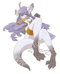  blue_hair blush breasts female hair lying on_back open_shirt scalie solo tail yojigen 