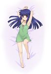  armpits barefoot blue_hair bow dakimakura dress full_body furude_rika green_skirt highres higurashi_no_naku_koro_ni lmo long_hair lying on_back purple_eyes skirt smile solo 