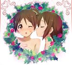  bare_shoulders brown_eyes brown_hair closed_eyes hirasawa_ui hirasawa_yui imminent_kiss incest k-on! kaiga kiss multiple_girls one_eye_closed ponytail short_hair siblings sisters wreath yuri 