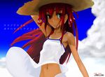  dress eyebrows flat_chest hat long_hair midriff navel original red_eyes red_hair solo sun_hat sundress tan tanline thick_eyebrows wind wind_lift yamamoto_canponi 