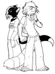  black_and_white can clothing collar ear_piercing earring feline female holly_massey male mammal monochrome pants piercing plain_background shirt tail white_background 