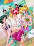  6+girls aino_minako ball beach beachball bikini bishoujo_senshi_sailor_moon bishoujo_senshi_sailor_moon_sailor_stars chibi_chibi hino_rei kino_makoto mizuno_ami multiple_girls official_art one-piece_swimsuit one_piece_swimsuit sand shouting smile sunglasses swimsuit tsukino_usagi water yelling 