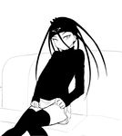  1boy androgynous black_hair crossdressing envy envy_(fma) fullmetal_alchemist headband hiroshi_(kitaro) homunculus long_hair monochrome sitting skirt slit_pupils sweater thighhighs trap 