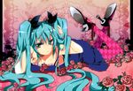  aqua_eyes aqua_hair argyle argyle_legwear dress flower hatsune_miku high_heels highres long_hair lying marirero_a nail_art nail_polish on_stomach pantyhose pink_flower pink_legwear pink_rose purple_nails rose shoes solo twintails vocaloid 