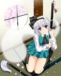  black_legwear blue_eyes cherry_blossoms flower fule ghost highres katana kneehighs konpaku_youmu konpaku_youmu_(ghost) looking_up petals round_window seiza sheath short_hair silver_hair sitting solo sword tatami touhou weapon window 