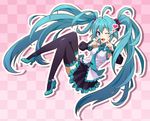 acha ahoge aqua_eyes aqua_hair checkered checkered_background detached_sleeves hatsune_miku heart high_heels lace lace-trimmed_thighhighs legs long_hair necktie one_eye_closed pointing shoes skirt solo thighhighs twintails very_long_hair vocaloid 