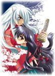  1girl animal_ears black_hair branch couple dog_ears fingernails hetero higurashi_kagome inuyasha inuyasha_(character) long_fingernails long_hair non-web_source protecting sleeves_past_wrists sword weapon white_hair yuuki_mitsuru 