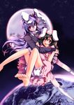  absurdres animal_ears barefoot black_hair bunny_ears feet highres huangquan_dong_(sinchi) inaba_tewi long_hair moon multiple_girls necktie purple_hair red_eyes reisen_udongein_inaba short_hair touhou 