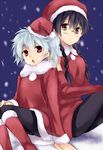  1girl black_legwear braid elbow_gloves genderswap genderswap_(mtf) gintama glasses gloves hat maruki_(punchiki) mini_hat mini_santa_hat open_mouth pantyhose sakata_gintoki santa_costume santa_hat shimura_shinpachi short_hair side_ponytail tilted_headwear twin_braids twintails 