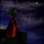  avian banrai bird black black_feathers blue_eyes building dress feathers gargoyle green_hair hidden_face hood lamp light mask night painterly red_dress rooftop tias_macase 