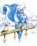  avian beach big_tail bird blue booby breasts female fluffy glasses hair megan_giles nipples ocean seaside skunk skunkette tail topless water white_hair 