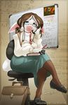  blue_eyes book briefcase brown_hair chair clothed crossed_legs female glasses hair jeso looking_at_viewer math pen science sheep sitting skirt solo teacher 
