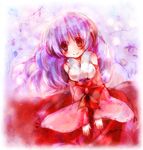  bad_id bad_pixiv_id blush bow breasts detached_sleeves hakama hanyuu higurashi_no_naku_koro_ni horns japanese_clothes long_hair medium_breasts midori-neko miko purple_eyes purple_hair red_hakama smile solo 