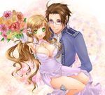  1girl austria_(hetalia) axis_powers_hetalia bouquet breasts brown_hair carrying cleavage couple cross dress flower glasses gloves green_eyes hair_flower hair_ornament happy hetero hungary_(hetalia) jewelry large_breasts long_hair mole necklace pokopoko_pon princess_carry purple_eyes ribbon side_slit smile white_dress 