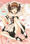  :d absurdres bed bulge candy eating food frilled_pillow frills heart heart-shaped_pupils highres kneehighs lying maid_headdress male_focus one_eye_closed open_mouth oto_nyan otoko_no_ko parfait pillow saikawa_yusa scan shoes short_twintails smile solo stuffed_animal stuffed_bunny stuffed_toy symbol-shaped_pupils twintails 