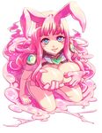  1girl animal_ears bare_legs blue_eyes blush_stickers breast_grab breasts bunny_ears cleavage goo_girl grabbing heart kneeling large_breasts long_hair melona monster_girl pink_hair prehensile_hair queen's_blade revealing_clothes solo symbol-shaped_pupils z4 