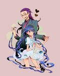  1girl blue_eyes blue_hair brown_eyes dress formal glasses hagihara_shiogi heart holding_hands long_hair necktie open_mouth purple_hair rakuchii_(rurituvo) smile suit tuxedo twintails zaregoto_series zerozaki_soushiki 