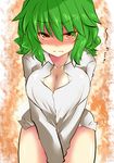  blush bottomless breast_squeeze breasts cleavage dress_shirt embarrassed frown green_hair highres kazami_yuuka large_breasts leaning_forward looking_at_viewer naked_shirt orange_eyes roki_(hirokix) shirt short_hair solo tears touhou v_arms 