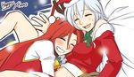  alternate_costume blush breasts christmas hat hong_meiling hug izayoi_sakuya medium_breasts midriff multiple_girls neko_majin red_hair santa_costume santa_hat silver_hair smile touhou 