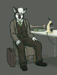  binder black black_fur briefcase canine chair clothed clothing desk fur grey_theme hair heros_(character) jacket labcoat looking_at_viewer male mammal meesh microscope necktie red_eyes scientist shoes sitting solo suit suitcase test_tube tie vest white white_fur white_hair wolf 