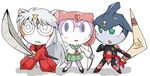  boomerang bow bow_(weapon) higurashi_kagome higurashi_kagome_(cosplay) inuyasha inuyasha_(character) inuyasha_(cosplay) keroro_gunsou parody pixiv_(153991) pururu sango sango_(cosplay) sword tetsusaiga tororo_(keroro_gunsou) uranoyoru weapon 