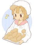  :p bad_id bad_pixiv_id baking bread brown_eyes brown_hair food hat idu_michito marui_mitsuba mitsudomoe musical_note short_hair solo tongue tongue_out tray 