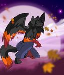  black black_hair canine clothing cloud color flame_markings flight flying fur hair happy in_the_air kneeling leaves mammal moon orange_markings panda_jenn pandajenn pants purple_moon sky smile stars steelwings topless wings wolf 