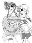  2girls breasts cleavage flat_chest flower fuuro_(pokemon) gym_leader hair_ornament hand_holding highres holding_hands japanese_clothes kamitsure_(pokemon) kimono large_breasts monochrome multiple_girls open_mouth pixiv_manga_sample poke_ball pokeball pokemon pokemon_(game) pokemon_black_and_white pokemon_bw resized shirogane_(cufsser) short_hair shorts side_ponytail simple_background smile yuri 