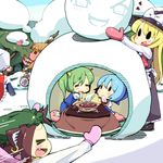  &gt;_&lt; :d =_= animal_ears blonde_hair blue_hair blush blush_stickers bow bowl brown_hair cat_ears chen chimosaku chopsticks cirno closed_eyes daiyousei drooling earrings eating eyelashes fang food food_on_face gloves gourd green_hair hair_bow hakurei_reimu hat hat_ribbon heart highres horn_ribbon horns hot ibuki_suika jewelry kirisame_marisa kneeling kotatsu long_hair mittens multiple_girls o_o open_mouth pillow quinzhee ribbon running saliva scarf short_hair side_ponytail smile snow snow_shelter snowman soup table touhou towel witch_hat xd yukkuri_shiteitte_ne yuri 