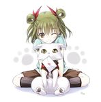  brown_eyes cat green_hair indian_style kazami_haruki letter light_smile love_letter mouth_hold one_eye_closed original paw_print short_hair sitting smile solo twintails 