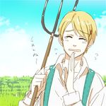  1boy artist_request axis_powers_hetalia blonde_hair genderswap japanese lowres male male_focus outdoors sky solo translation_request ukraine_(hetalia) 