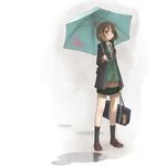  bag blush brown_eyes brown_hair nabana original puddle rain solo umbrella 