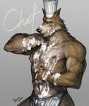  chef clothed clothing hat male mammal messy muscles nick300 skimpy solo topless wolf 
