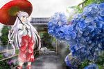  bow flower fujiwara_no_mokou hair_bow hair_ribbon hajike_akira holding hydrangea long_hair long_sleeves oriental_umbrella pants rain ribbon shoes silver_hair solo standing suspenders touhou umbrella 