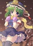  bare_tree black_legwear blue_eyes green_hair hat kurogarasu legs mittens scarf shiki_eiki short_hair skirt solo thighhighs touhou tree zettai_ryouiki 