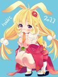  2011 amezawa_koma animal_ears between_breasts blonde_hair blue_background breasts bunny_ears carrot chinese_zodiac japanese_clothes kimono kneeling long_hair low-tied_long_hair nipples no_bra open_clothes open_kimono original purple_eyes small_breasts solo tabi year_of_the_rabbit 