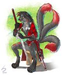  2010 ashpond breasts canine digitigrade female fox green_eyes multiple_tails sitting solo sword tail tongue weapon 