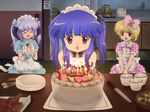  animega1 apron bare_shoulders bib birthday birthday_cake blonde_hair blue_hair bow cake calendar_(object) candle closed_eyes cup fang food furude_rika hair_bow hairband hands_together hanyuu highres higurashi_no_naku_koro_ni horns houjou_satoko kettle kitchen knife long_hair maid maid_headdress multiple_girls open_mouth party pink_bow plate purple_eyes purple_hair rice_cooker short_hair sitting spoon table twintails 