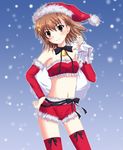  bell blush brown_eyes brown_hair bustier choker detached_sleeves hat highres kamiko_to_seiryoku lingerie midriff misaka_mikoto navel ribbon sack santa_costume santa_hat short_hair shorts smile snow solo thighhighs to_aru_kagaku_no_railgun to_aru_majutsu_no_index underwear 