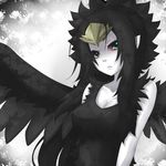  black_hair black_wings breasts cleavage duel_monster fabled_grimro feathers hair_ornament medium_breasts pointy_ears red_sclera shintani_tsushiya solo white_skin wings yuu-gi-ou yuu-gi-ou_duel_monsters 