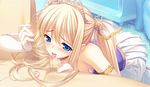  1boy 1girl blonde_hair blue_eyes blush bridal_gauntlets caressing_testicles censored elbow_gloves game_cg gloves hairjob handjob himukai_kyousuke indoors licking lieselotte_schreiber long_hair owari_naki_natsu_towa_naru_shirabe penis princess testicles tongue 