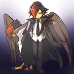  black_hair coat formal gen_4_pokemon hands_in_pockets hitec male_focus moemon multicolored_hair necktie personification pokemon pokemon_(creature) red_eyes red_hair staraptor two-tone_hair 