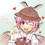  animal_ears blush bunchou_(bunchou3103) hat heart jewelry mystia_lorelei one_eye_closed open_mouth pink_hair pointing purple_eyes single_earring smile solo touhou upper_body wings 