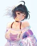  1girl artist_request bangs bare_shoulders billy_gulliano blue_background blush braid breasts choker closed_mouth collarbone dress eyebrows_visible_through_hair floating_hair hair_ornament highres honkai_(series) jacket large_breasts long_hair looking_at_viewer off-shoulder_dress off_shoulder one_eye_closed open_clothes open_jacket ponytail purple_eyes purple_hair raiden_mei raiden_mei_(striker_fulminata) sidelocks simple_background smile solo wet 