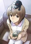  bob_cut brown_eyes brown_hair couch crossover cup danganronpa dress from_above green_tea hagiwara_yukiho idolmaster idolmaster_(classic) inu_(aerodog) looking_up monokuma open_mouth short_hair sitting steam stuffed_animal stuffed_toy sweater tea 