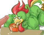  anthro avian beak big_butt bird blush bukkake butt cereal chicken claws corn_flakes cornelius_(kellogg&#039;s) cornelius_(kellogg's) cum cum_in_mouth cum_inside cum_on_beak cum_on_face cum_on_food cum_on_penis dreke erection feather feathers food gay green green_body green_eyes green_feathers hair human humanoid_penis looking_up male mascot milk muscles nude open_mouth penis plain_background red red_hair rooster rule_34 seminophagia smile table tailfeathers tongue white_background yellow 