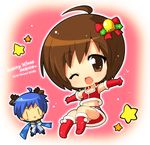  1girl ahoge bell blue_eyes blue_hair brown_eyes brown_hair chibi gloves hahifuhe hair_ornament horns jingle_bell kaito meiko midriff one_eye_closed short_hair smile vocaloid 